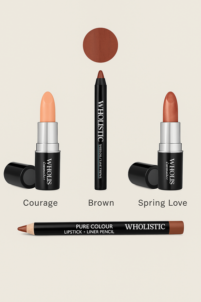 Radiant Bliss Lipstick Set with Chic Brown Lip Pencil Trio